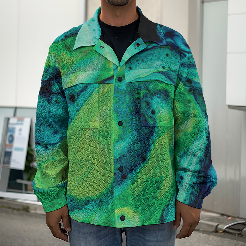 Turquoise And Green Acid Melt Print Men's Shirt Jacket