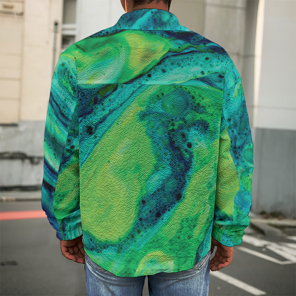 Turquoise And Green Acid Melt Print Men's Shirt Jacket