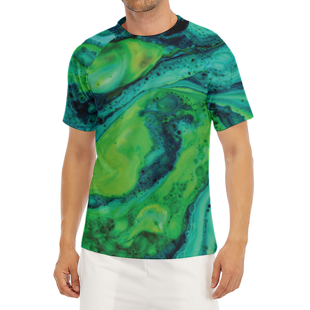 Turquoise And Green Acid Melt Print Men's Short Sleeve Rash Guard