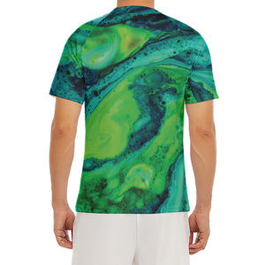 Turquoise And Green Acid Melt Print Men's Short Sleeve Rash Guard