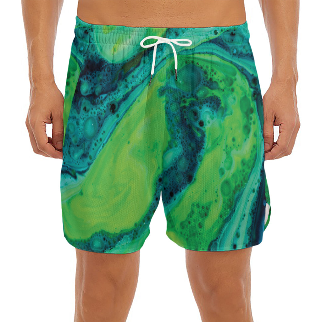 Turquoise And Green Acid Melt Print Men's Split Running Shorts