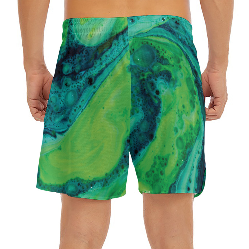 Turquoise And Green Acid Melt Print Men's Split Running Shorts