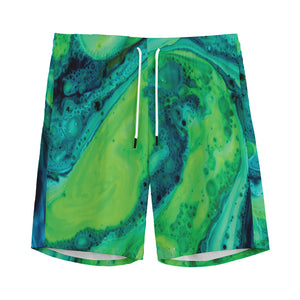 Turquoise And Green Acid Melt Print Men's Sports Shorts