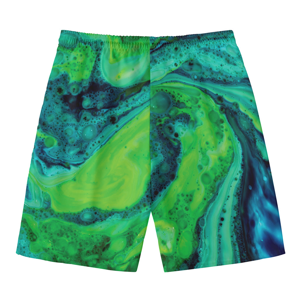 Turquoise And Green Acid Melt Print Men's Swim Trunks