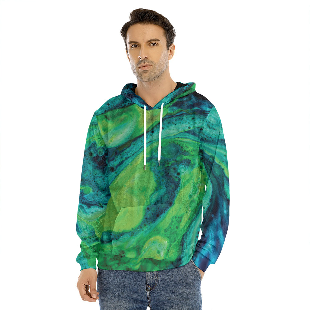 Turquoise And Green Acid Melt Print Men's Velvet Pullover Hoodie