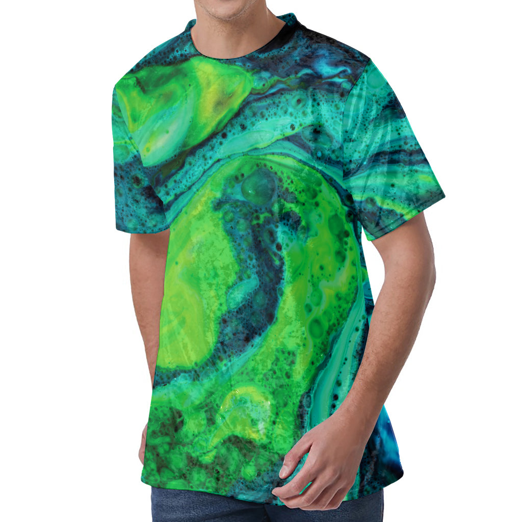 Turquoise And Green Acid Melt Print Men's Velvet T-Shirt