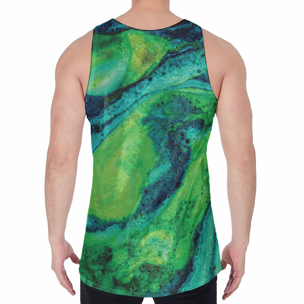 Turquoise And Green Acid Melt Print Men's Velvet Tank Top