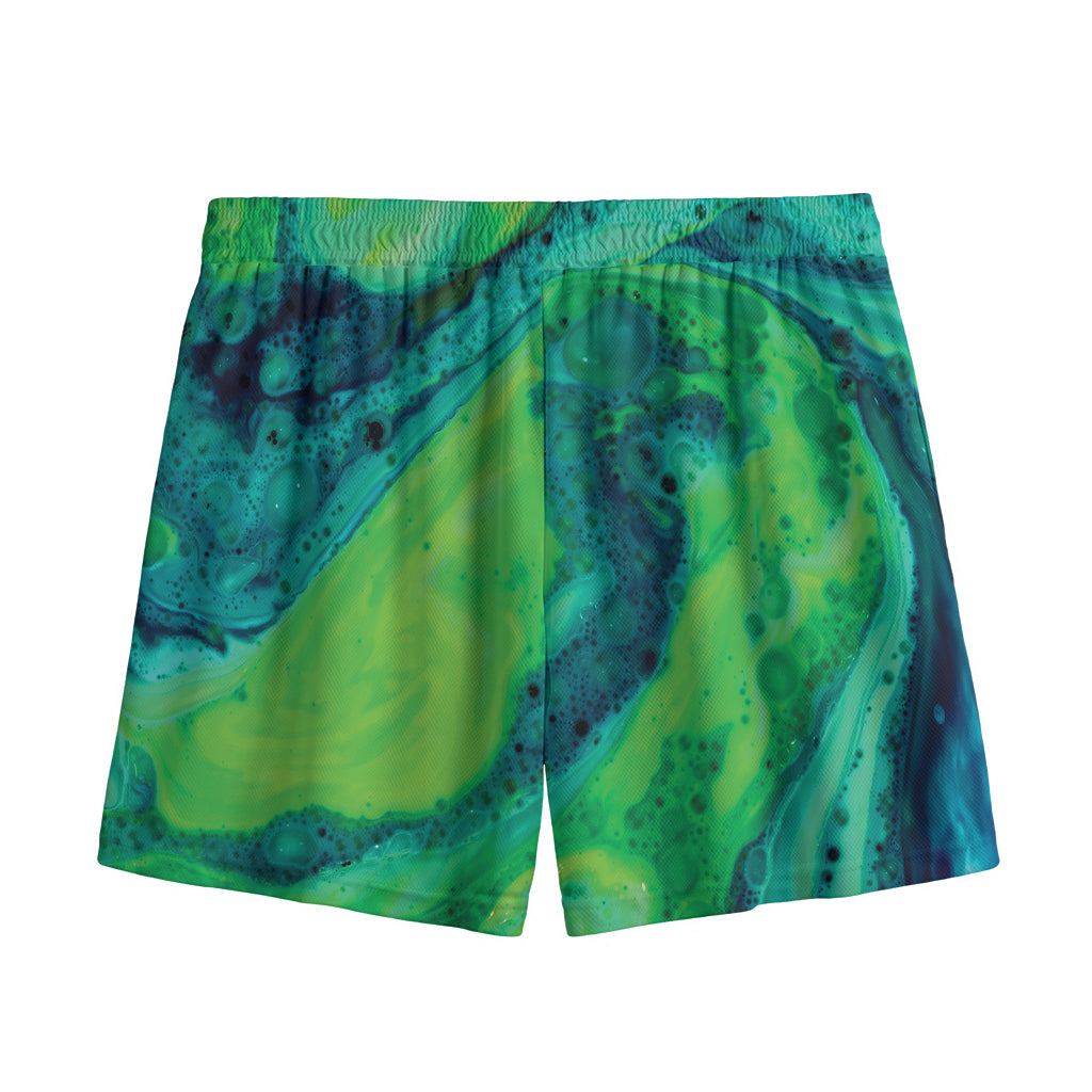 Turquoise And Green Acid Melt Print Mesh Shorts