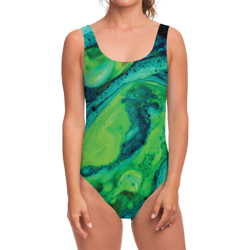 Turquoise And Green Acid Melt Print One Piece Swimsuit