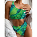 Turquoise And Green Acid Melt Print One Shoulder Bikini Set