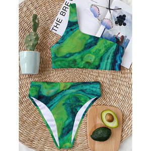 Turquoise And Green Acid Melt Print One Shoulder Bikini Top