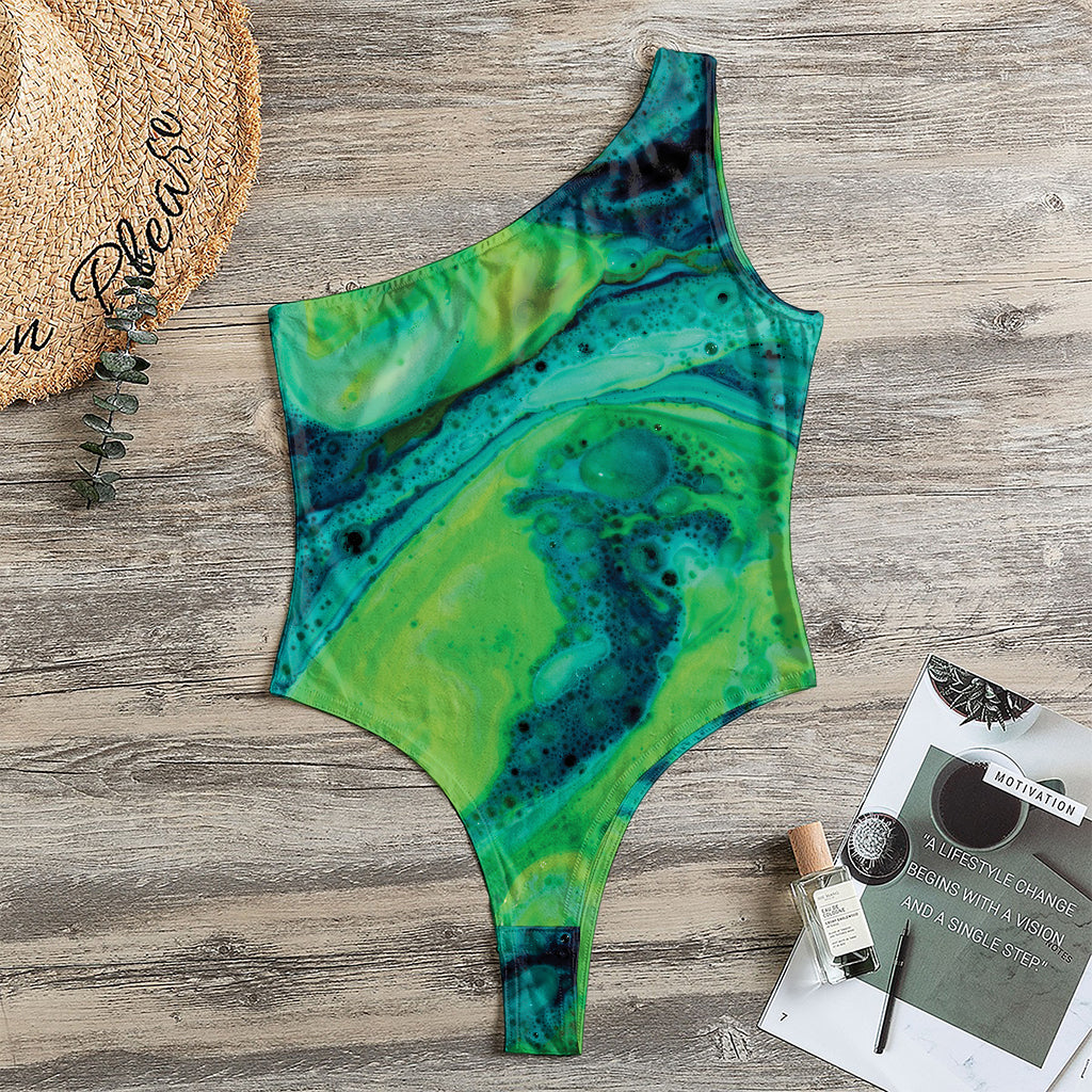 Turquoise And Green Acid Melt Print One Shoulder Bodysuit