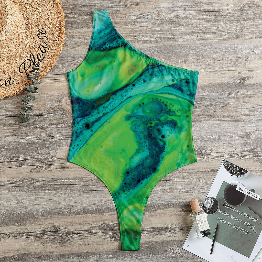 Turquoise And Green Acid Melt Print One Shoulder Bodysuit