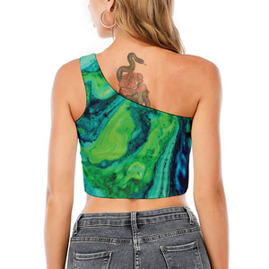 Turquoise And Green Acid Melt Print One Shoulder Crop Top