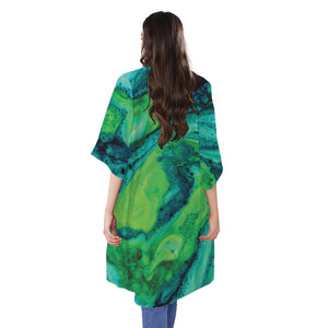 Turquoise And Green Acid Melt Print Open Front Beach Cover Up