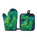 Turquoise And Green Acid Melt Print Oven Mitt And Pot Holder Set