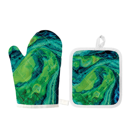 Turquoise And Green Acid Melt Print Oven Mitt And Pot Holder Set