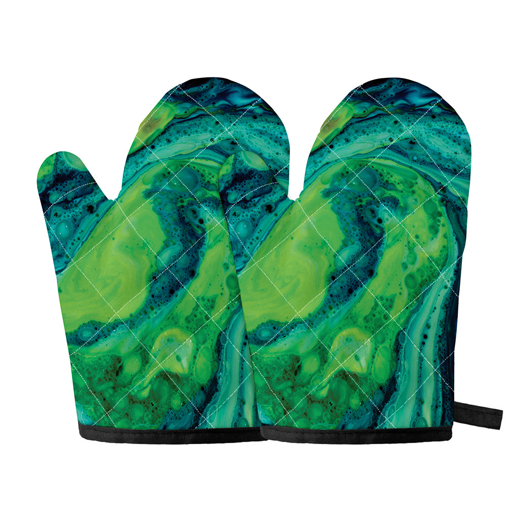 Turquoise And Green Acid Melt Print Oven Mitts