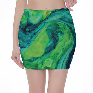 Turquoise And Green Acid Melt Print Pencil Mini Skirt