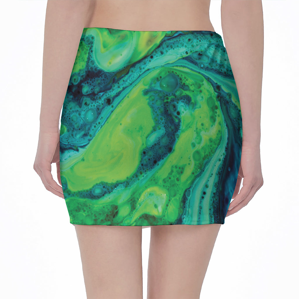 Turquoise And Green Acid Melt Print Pencil Mini Skirt