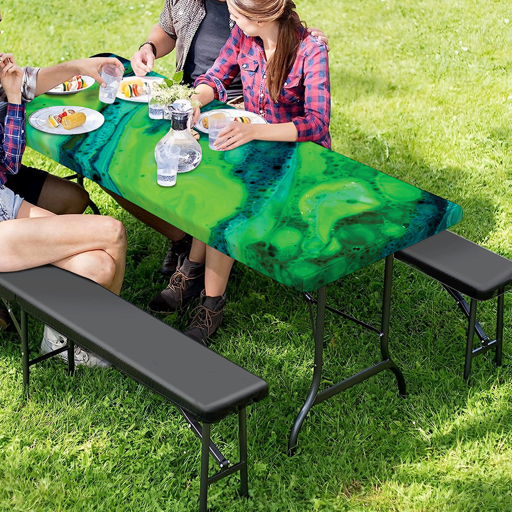 Turquoise And Green Acid Melt Print Picnic Table Cover