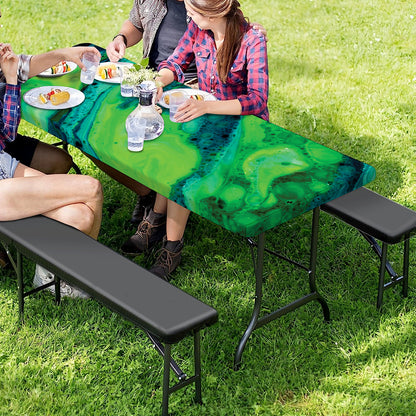 Turquoise And Green Acid Melt Print Picnic Table Cover