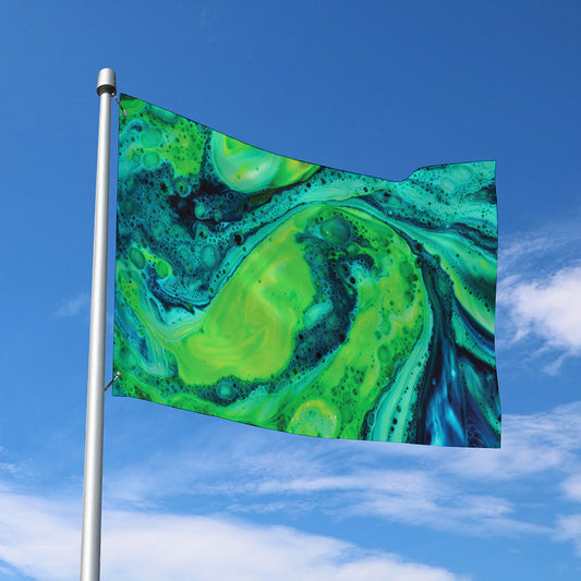 Turquoise And Green Acid Melt Print Polyester Flag