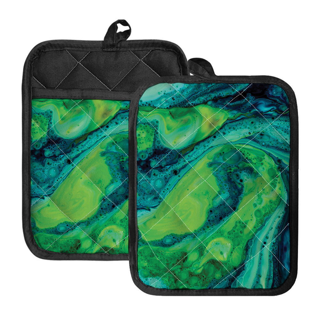 Turquoise And Green Acid Melt Print Pot Holders With Pocket