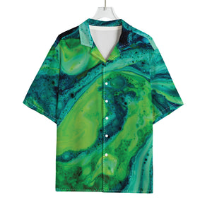 Turquoise And Green Acid Melt Print Rayon Hawaiian Shirt