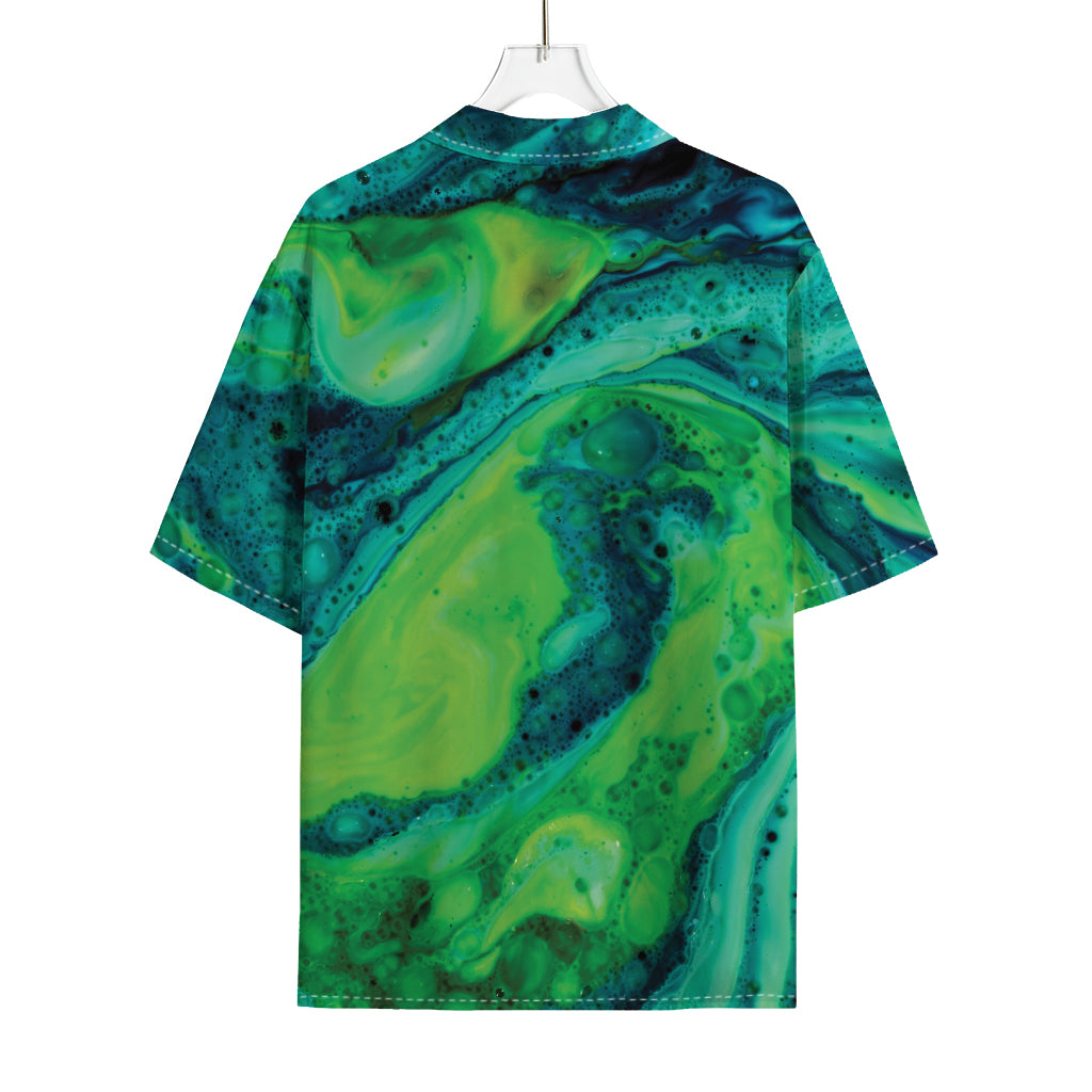 Turquoise And Green Acid Melt Print Rayon Hawaiian Shirt