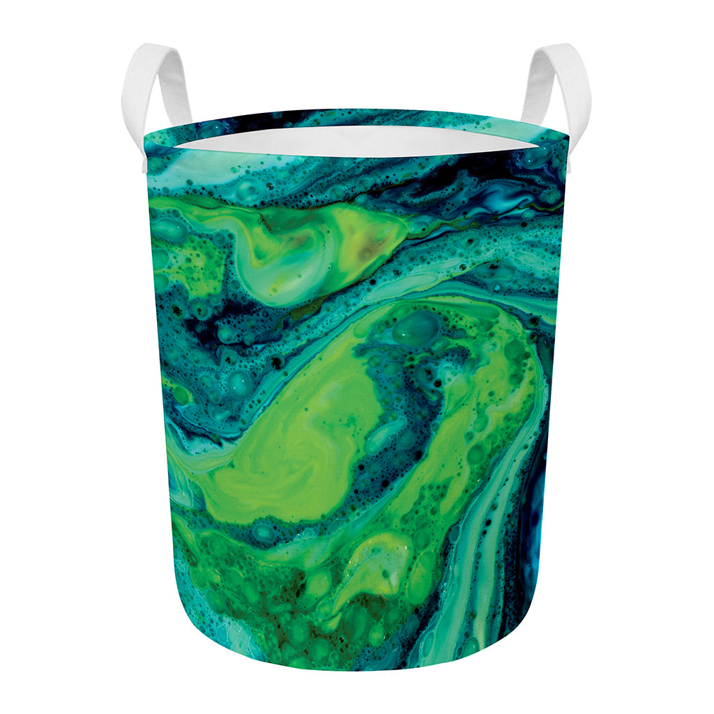 Turquoise And Green Acid Melt Print Round Laundry Basket