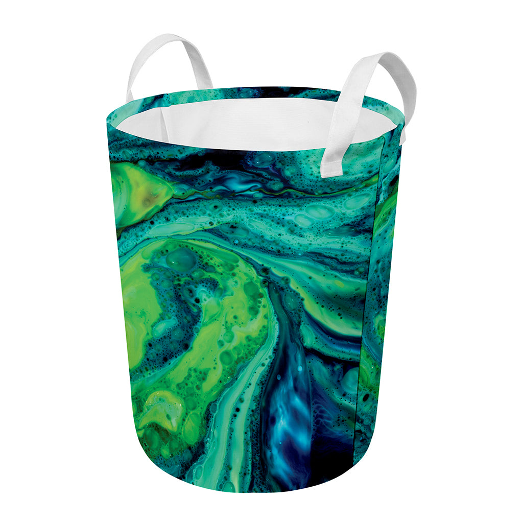 Turquoise And Green Acid Melt Print Round Laundry Basket