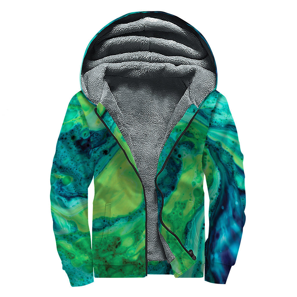 Turquoise And Green Acid Melt Print Sherpa Lined Zip Up Hoodie