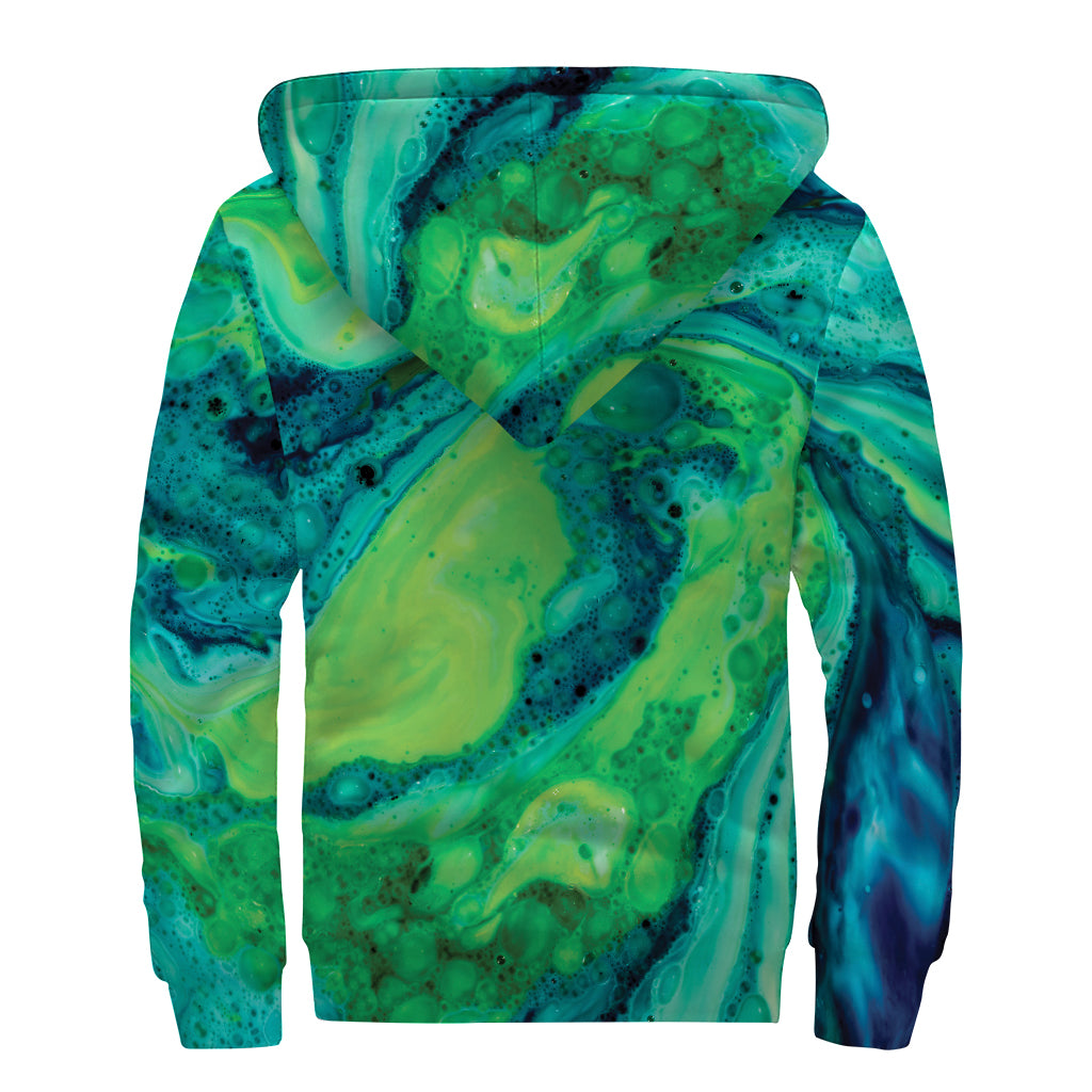 Turquoise And Green Acid Melt Print Sherpa Lined Zip Up Hoodie