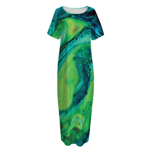 Turquoise And Green Acid Melt Print Short Sleeve Long Nightdress