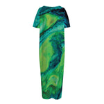 Turquoise And Green Acid Melt Print Short Sleeve Long Nightdress