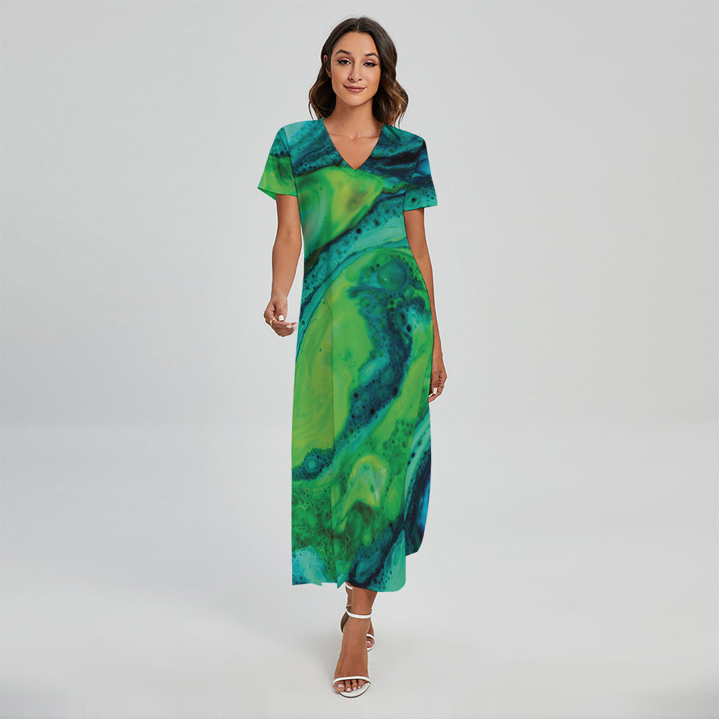 Turquoise And Green Acid Melt Print Short Sleeve Maxi Dress