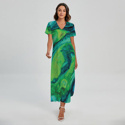 Turquoise And Green Acid Melt Print Short Sleeve Maxi Dress
