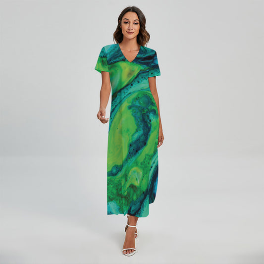 Turquoise And Green Acid Melt Print Short Sleeve Maxi Dress