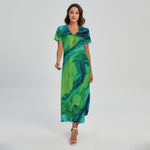 Turquoise And Green Acid Melt Print Short Sleeve Maxi Dress