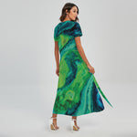 Turquoise And Green Acid Melt Print Short Sleeve Maxi Dress