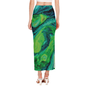 Turquoise And Green Acid Melt Print Side Slit Maxi Skirt