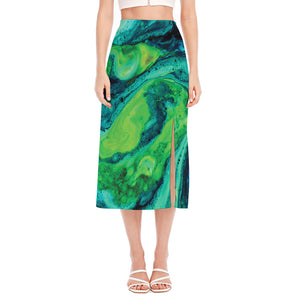 Turquoise And Green Acid Melt Print Side Slit Midi Skirt