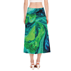 Turquoise And Green Acid Melt Print Side Slit Midi Skirt