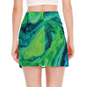 Turquoise And Green Acid Melt Print Side Slit Mini Skirt