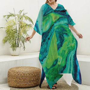 Turquoise And Green Acid Melt Print Silk V-Neck Kaftan Dress