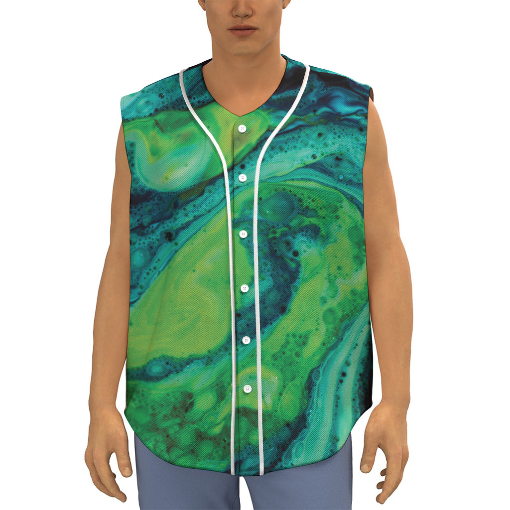 Turquoise And Green Acid Melt Print Sleeveless Baseball Jersey