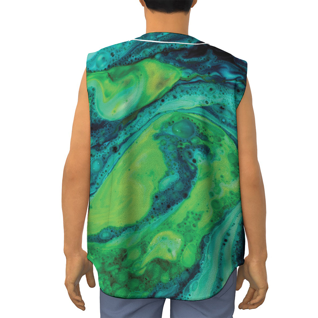 Turquoise And Green Acid Melt Print Sleeveless Baseball Jersey