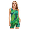 Turquoise And Green Acid Melt Print Sleeveless One Piece Swimsuit