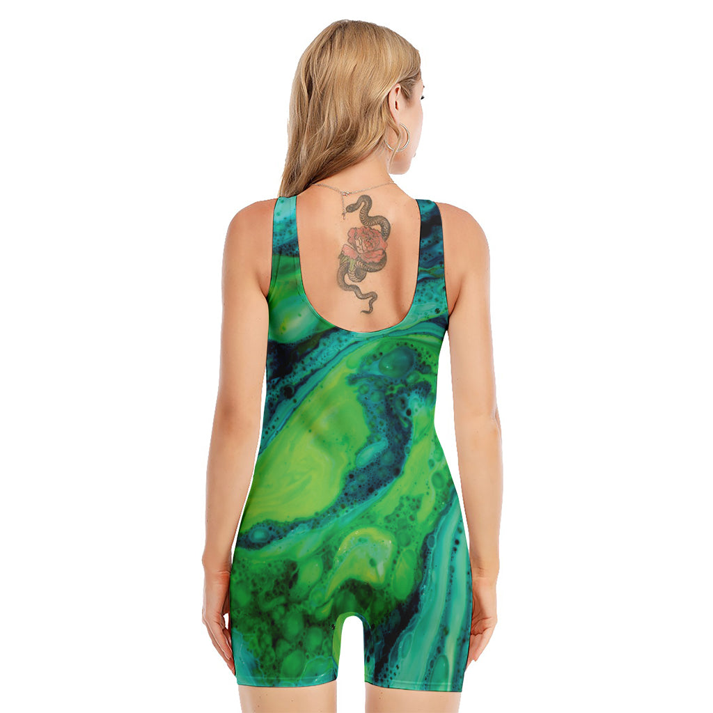 Turquoise And Green Acid Melt Print Sleeveless One Piece Swimsuit